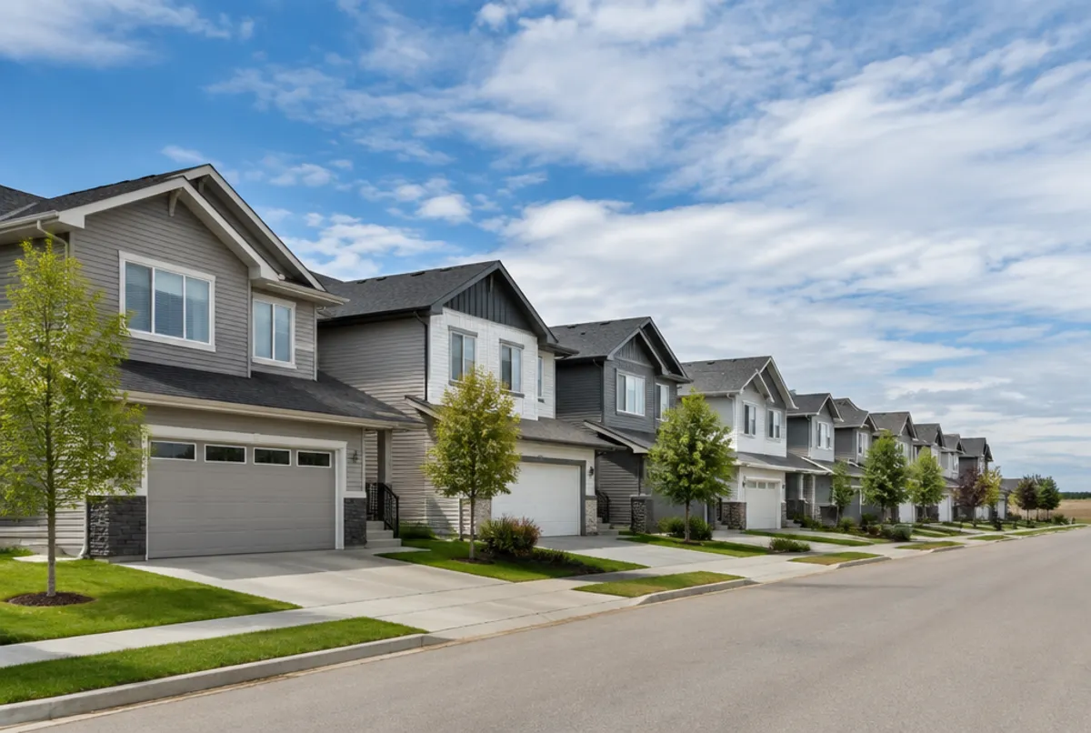 Row of newer two storey homes in a northeast Calgary suburb