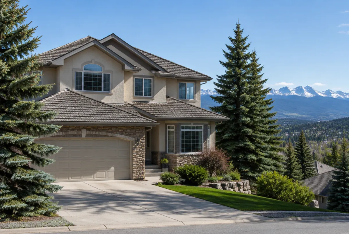 Two storey home on a northwest Calgary hillside with the Rockies behind