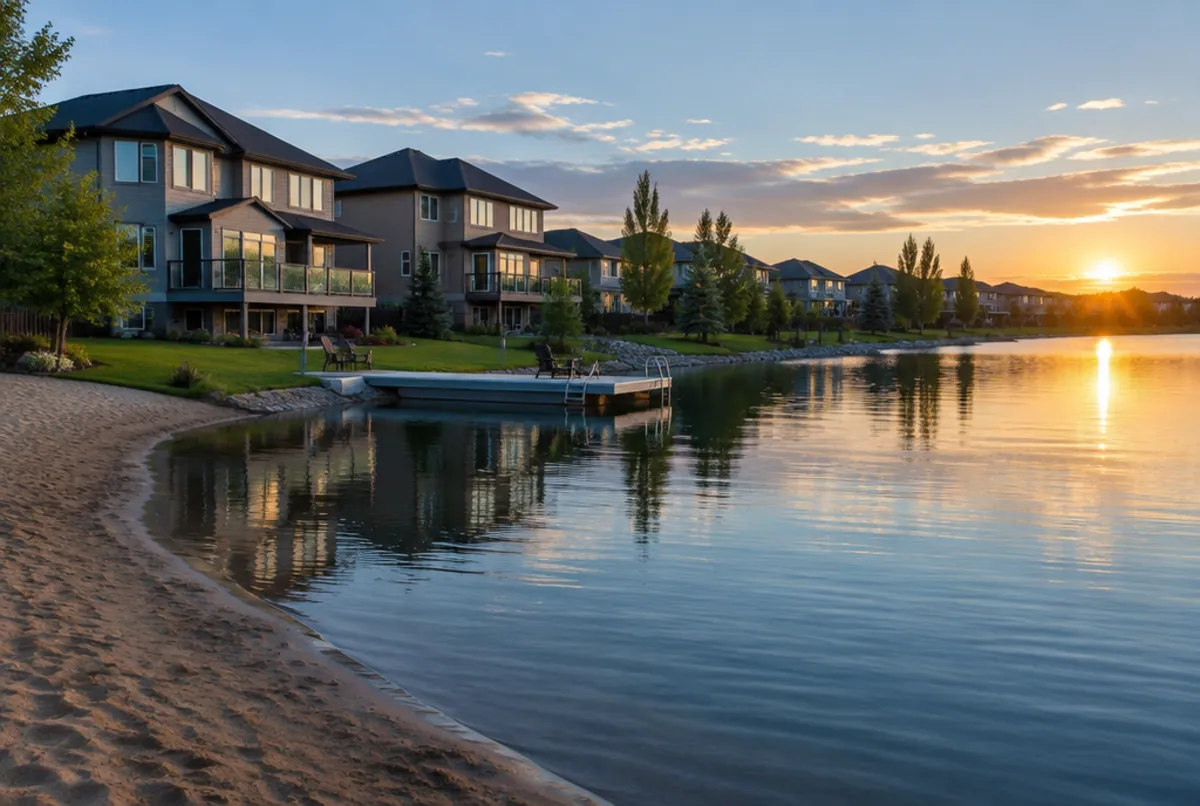 Lake community homes in southeast Calgary at sunset