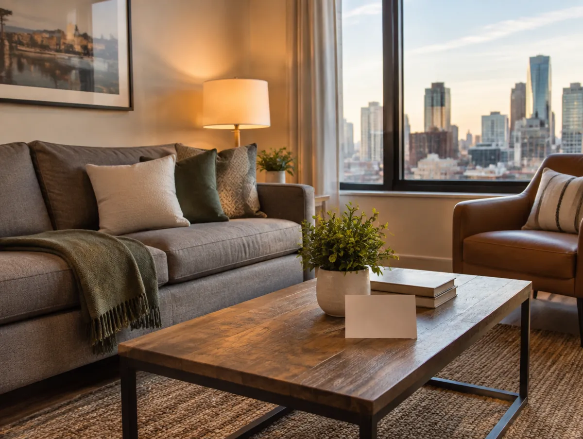 Short term rental living room with a view of the downtown Calgary skyline