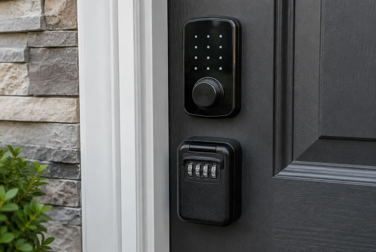 Smart keypad lock and key lockbox on a rental front door