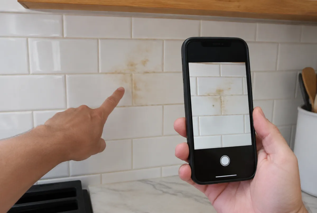 Host photographing a stained kitchen backsplash on a phone