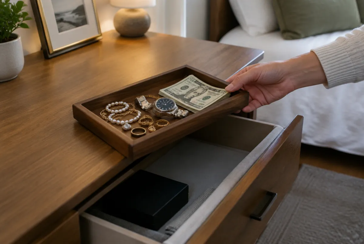 Owner placing items into a locked drawer