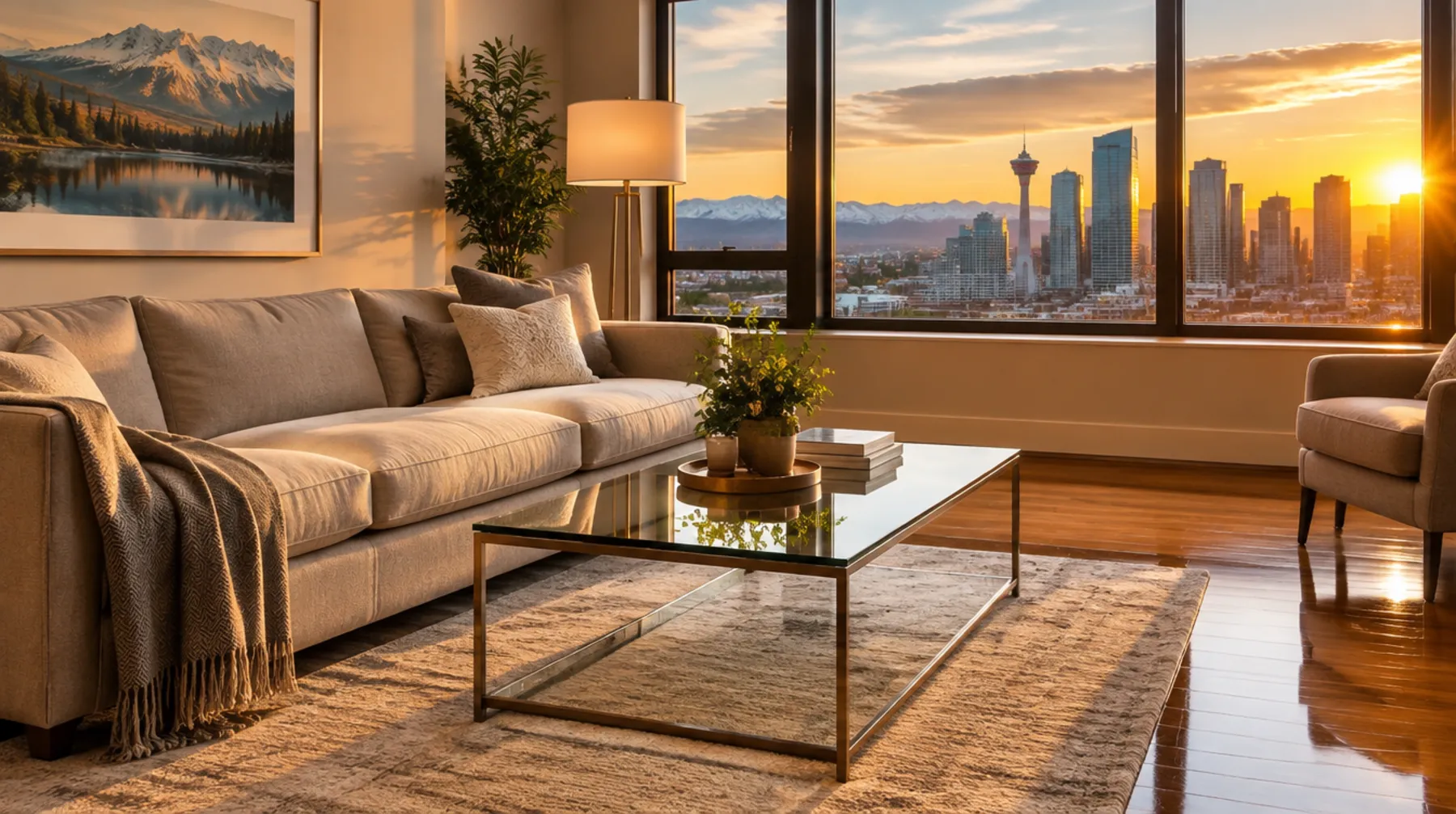Guest ready Calgary living room at golden hour