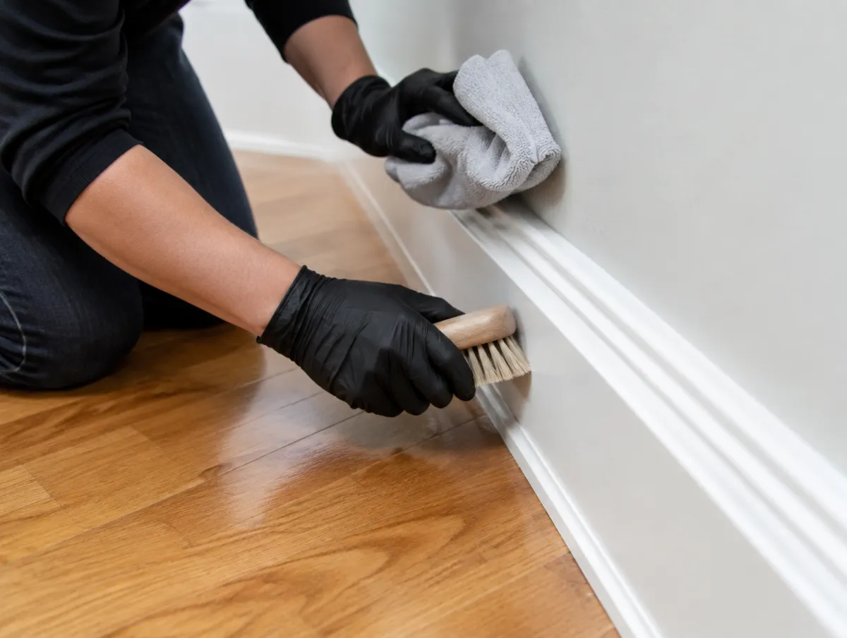 Baseboard wiped during a deep clean