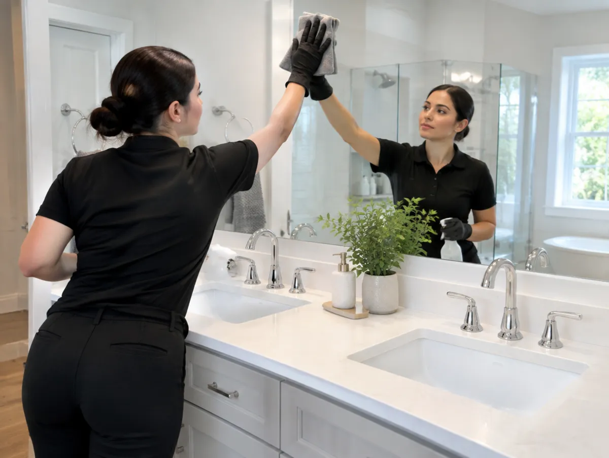 Cleaner resetting a bathroom vanity between guests