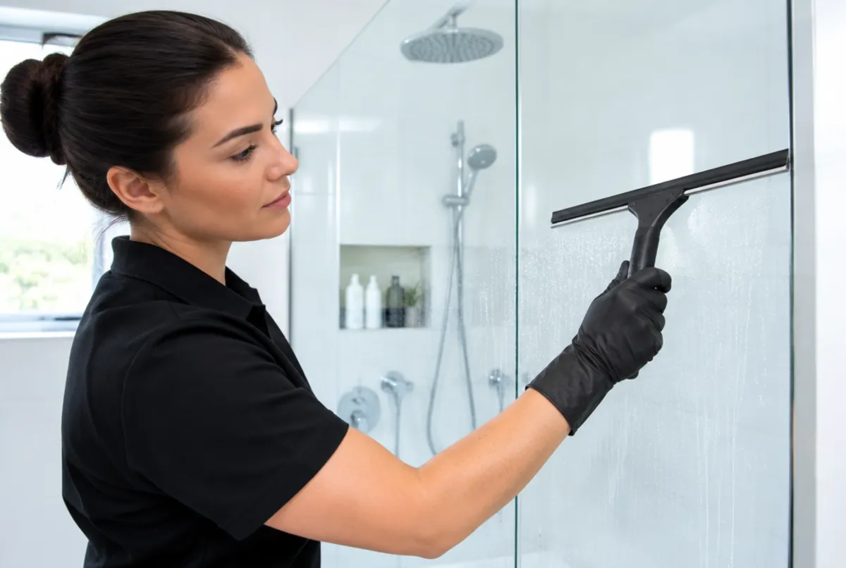 Cleaner squeegeeing a glass shower screen during a deep clean