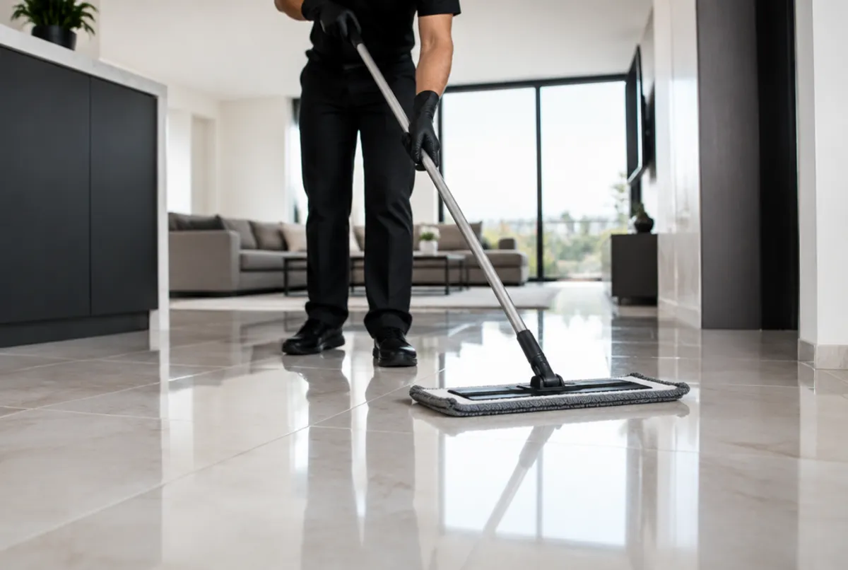 Cleaner mopping a tile floor to a shine