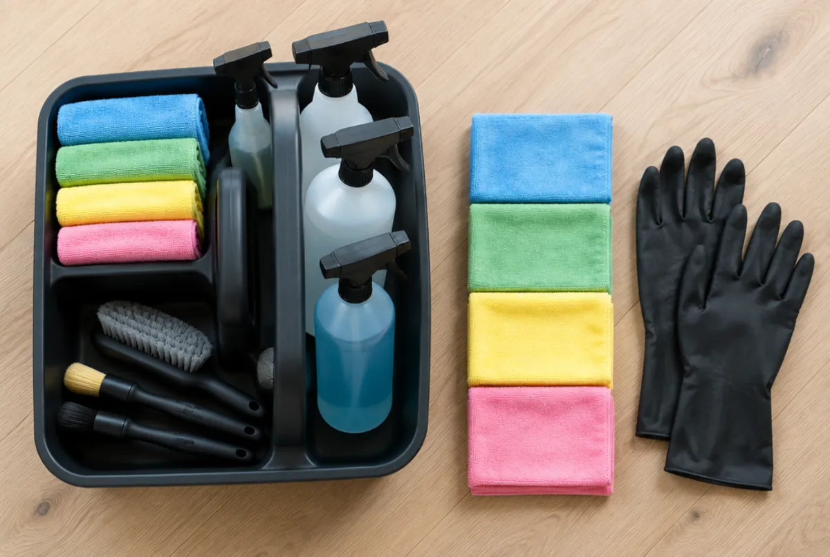 Organised cleaning caddy with colour coded cloths and gloves