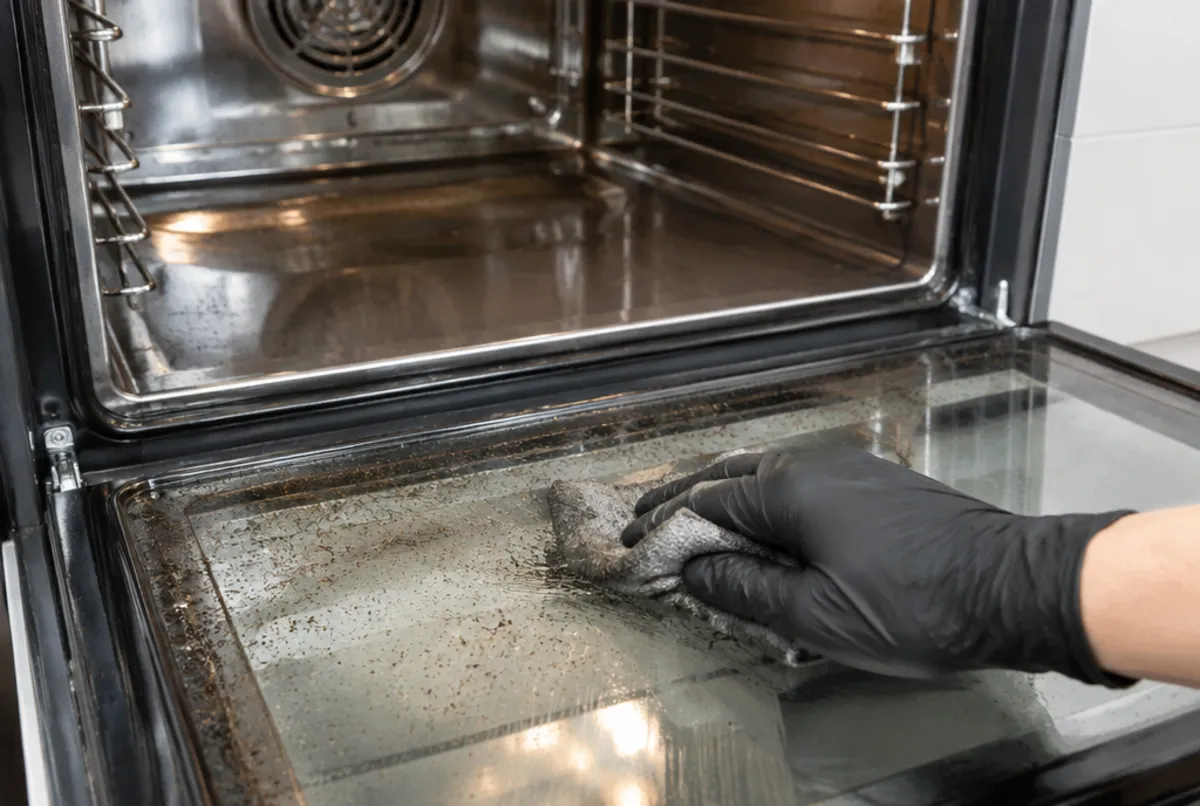 Gloved hand cleaning the inside of an oven