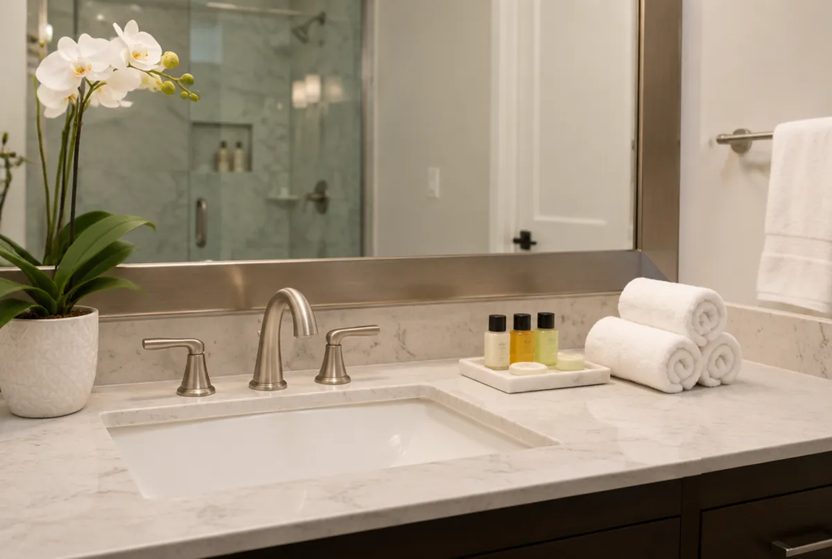 Staged short term rental bathroom with rolled white towels