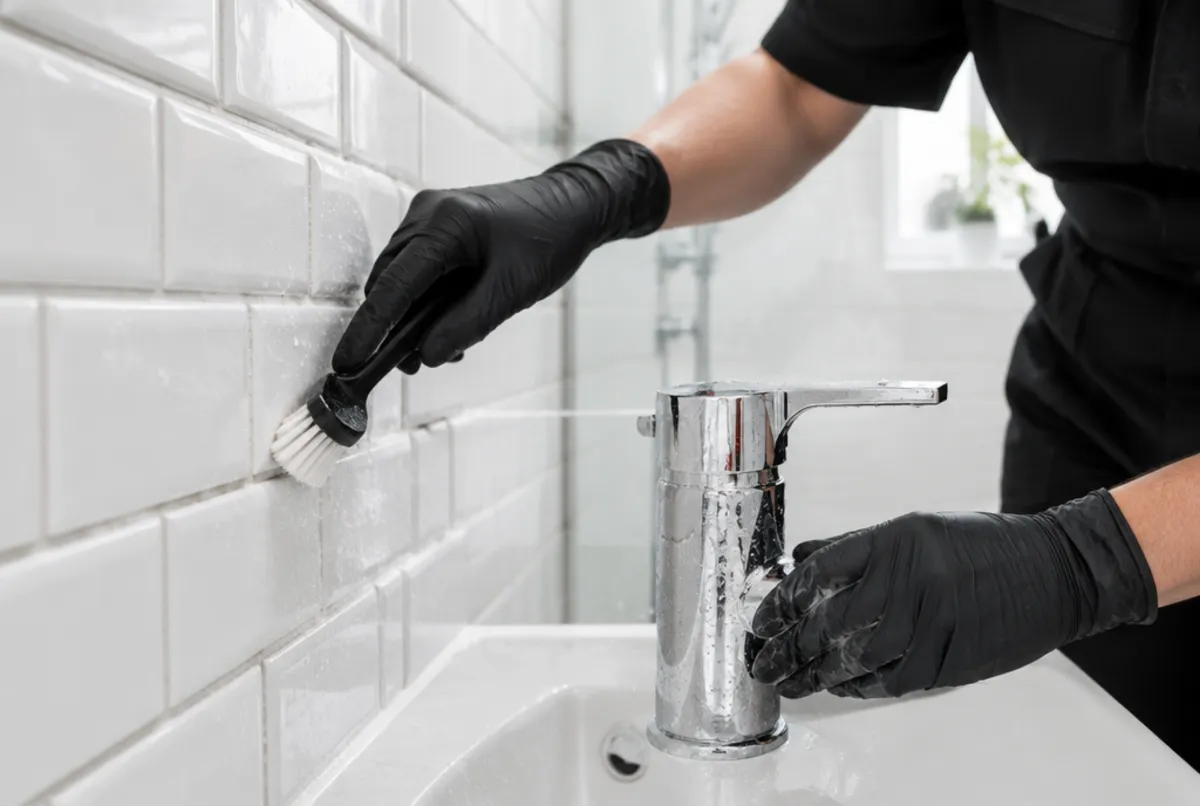 Cleaner detailing a bathroom faucet during a deep clean