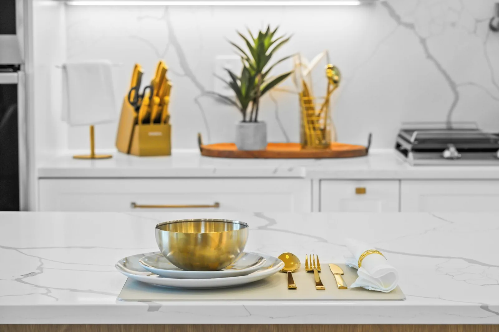 Kitchen counter staged with a knife block after a clean